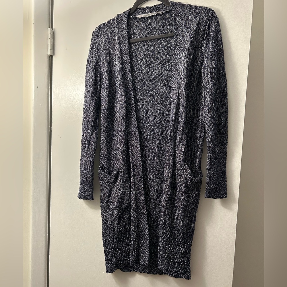 Athleta Speckled Blue Gray Textured Knit Cardigan Sweater